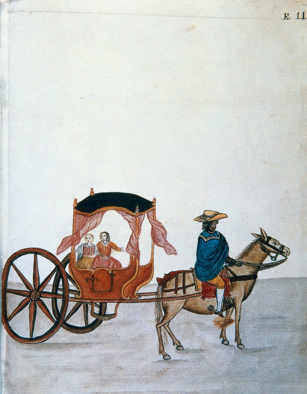 Spanish women in a horse-drawn carriage led by an Indian, from the book "Trujillo del Peru" or "Códice Martínez Compañón", by Baltazar Martinez Compañón y Bujanda, bishop of Trujillo (1782-1785) 作者 未知艺术家