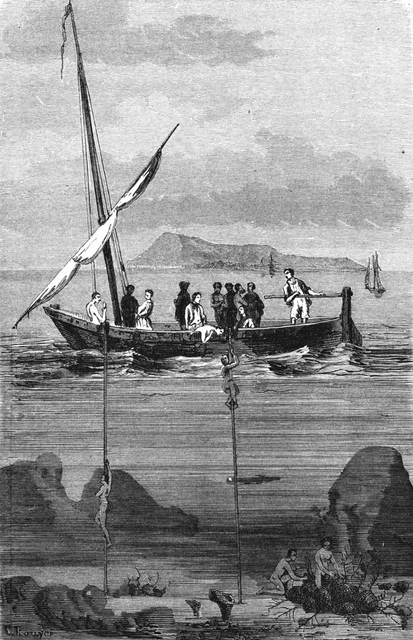 叙利亚海岸的海绵捕鱼：潜水员下山用手捡起海绵。 19 世纪的雕刻 作者 未知艺术家