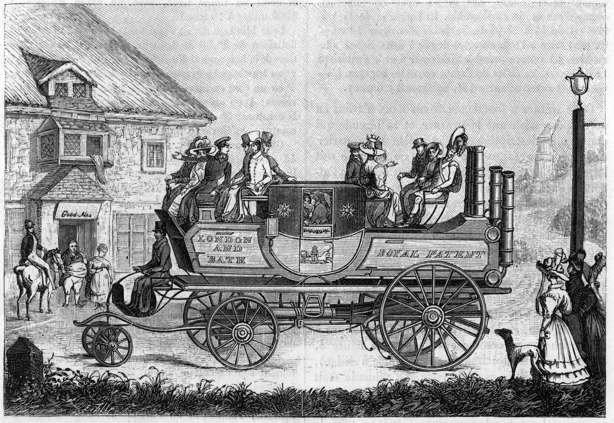 1827年，古尔尼（Gurney Goldsworthy）的蒸汽汽车在伦敦进行了实验。 作者 未知艺术家