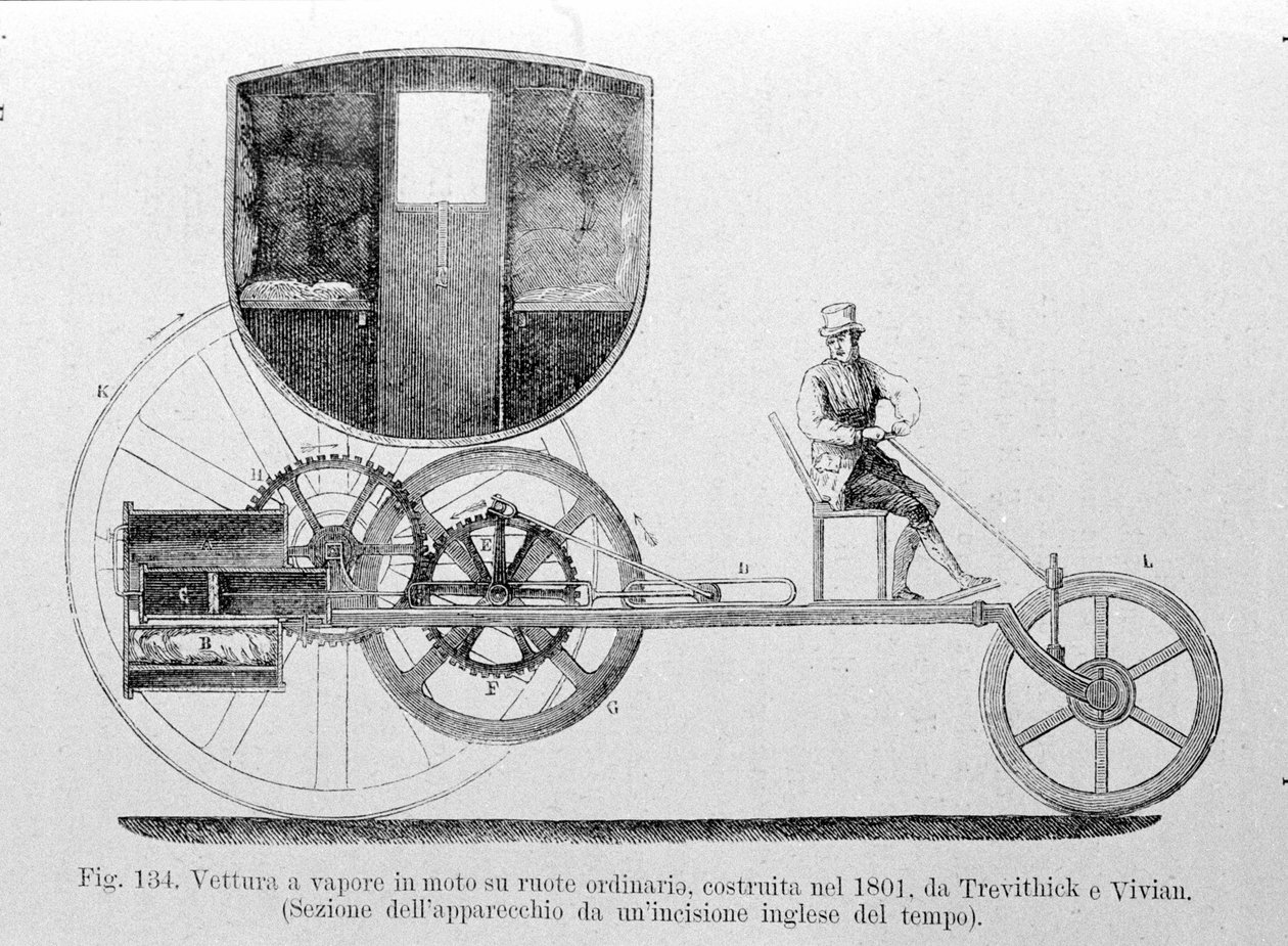 Steam car mounted on the ordinary, built in 1801 by Trevithick and Vivian. Engraving of the 19th century. 作者 未知艺术家