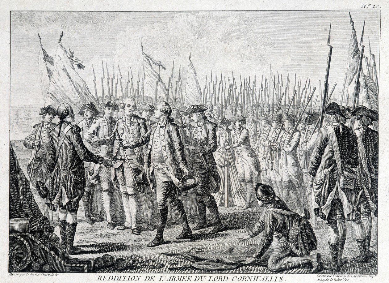 1781 年 10 月 19 日，康沃利斯勋爵 (1738 - 1805) 的英国军队向美国投降。 作者 未知艺术家