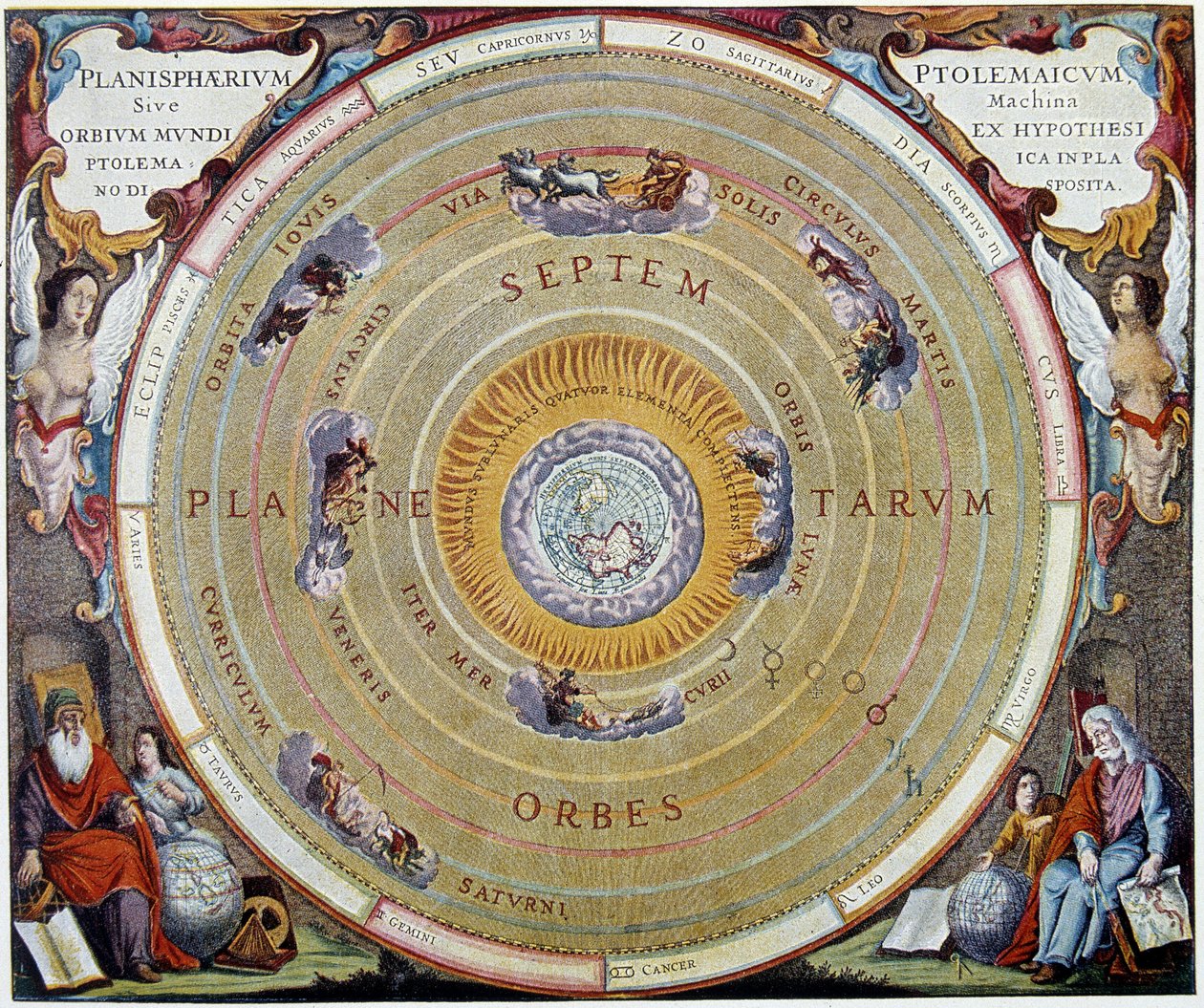 托勒密的世界体系--来自AP。André Cellarius的 "Harmonia Macrocosmica"。 作者 未知艺术家