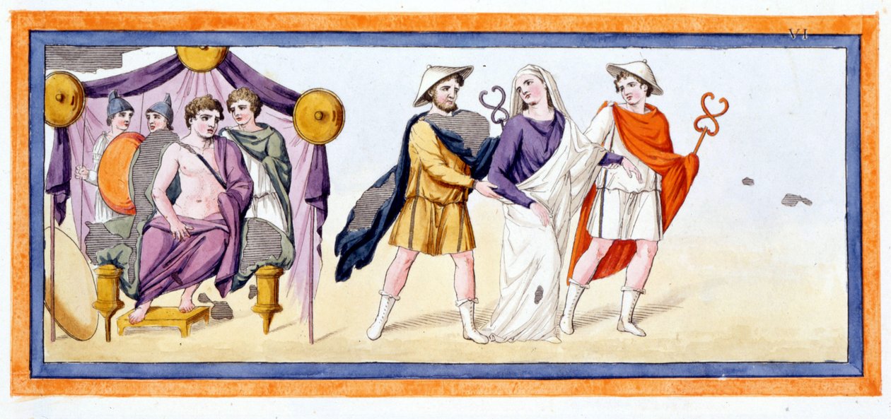 Talthybios 和 Eurybates 在 Achilles 面前带走了处女 Briseis，后者站在 Myrmidones 的帐篷里。 Iliad Chant I, v 345。雕刻于 18 世纪末。 作者 未知艺术家