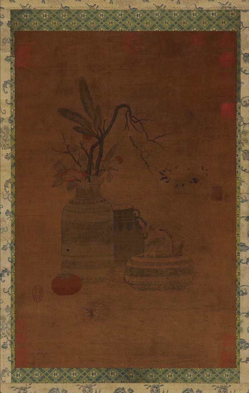 挂毯：一个碗、两个罐子、花朵和水果 作者 未知艺术家