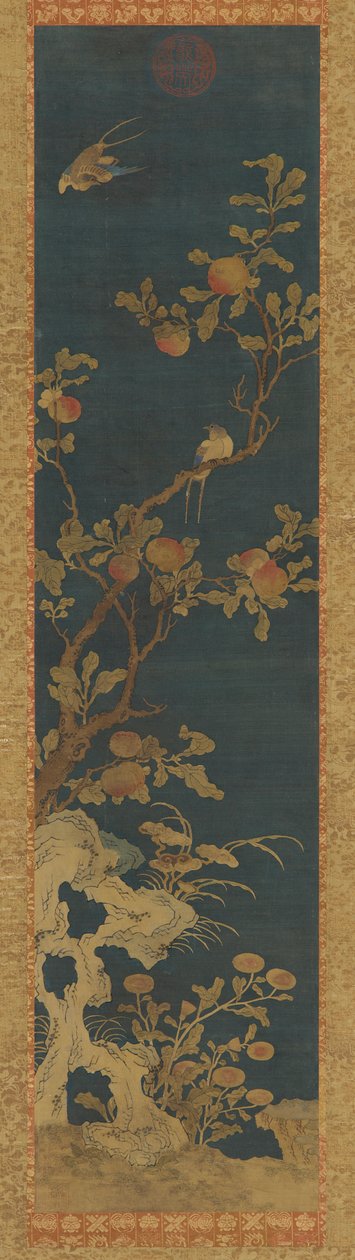 挂毯：蓝底的鸟、桃树、岩石和花朵 作者 未知艺术家