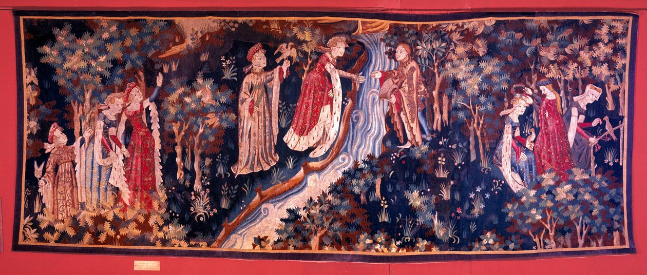 Tapestry depicting a novel scene: a young woman of nobility seeking to reach her lover on the other side of the river. The young woman is covered by her followers with a wreath of flowers. 1420 approx. From Arras. Decorative Arts, Paris 作者 未知艺术家