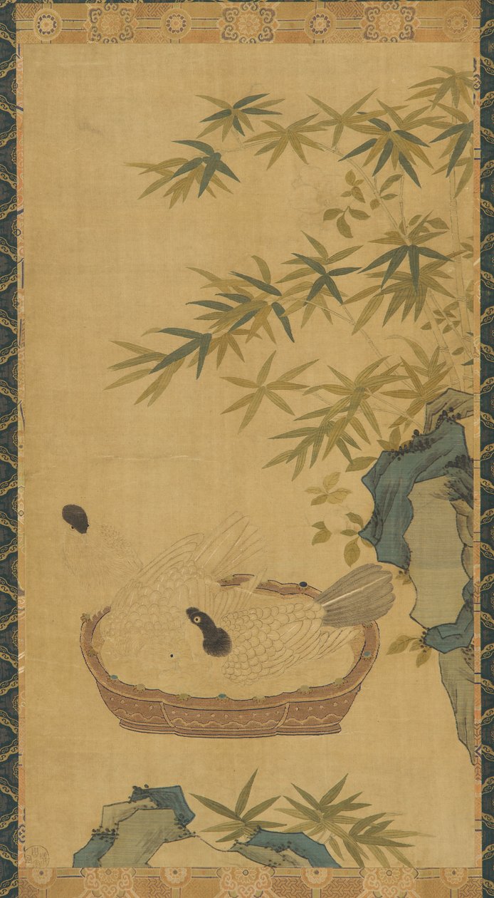 挂毯：在碗里洗澡的鸽子；岩石和竹子 作者 未知艺术家