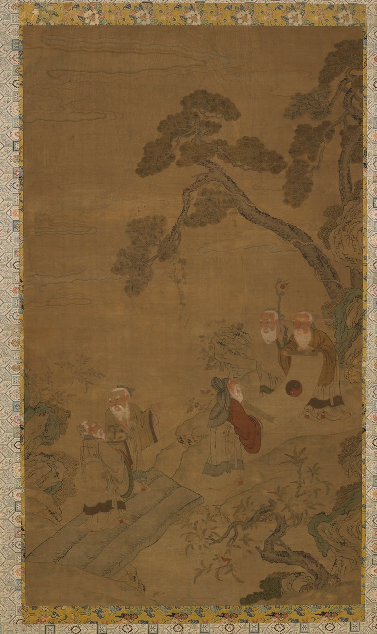 挂毯：松树下花园中的五位圣人 作者 未知艺术家