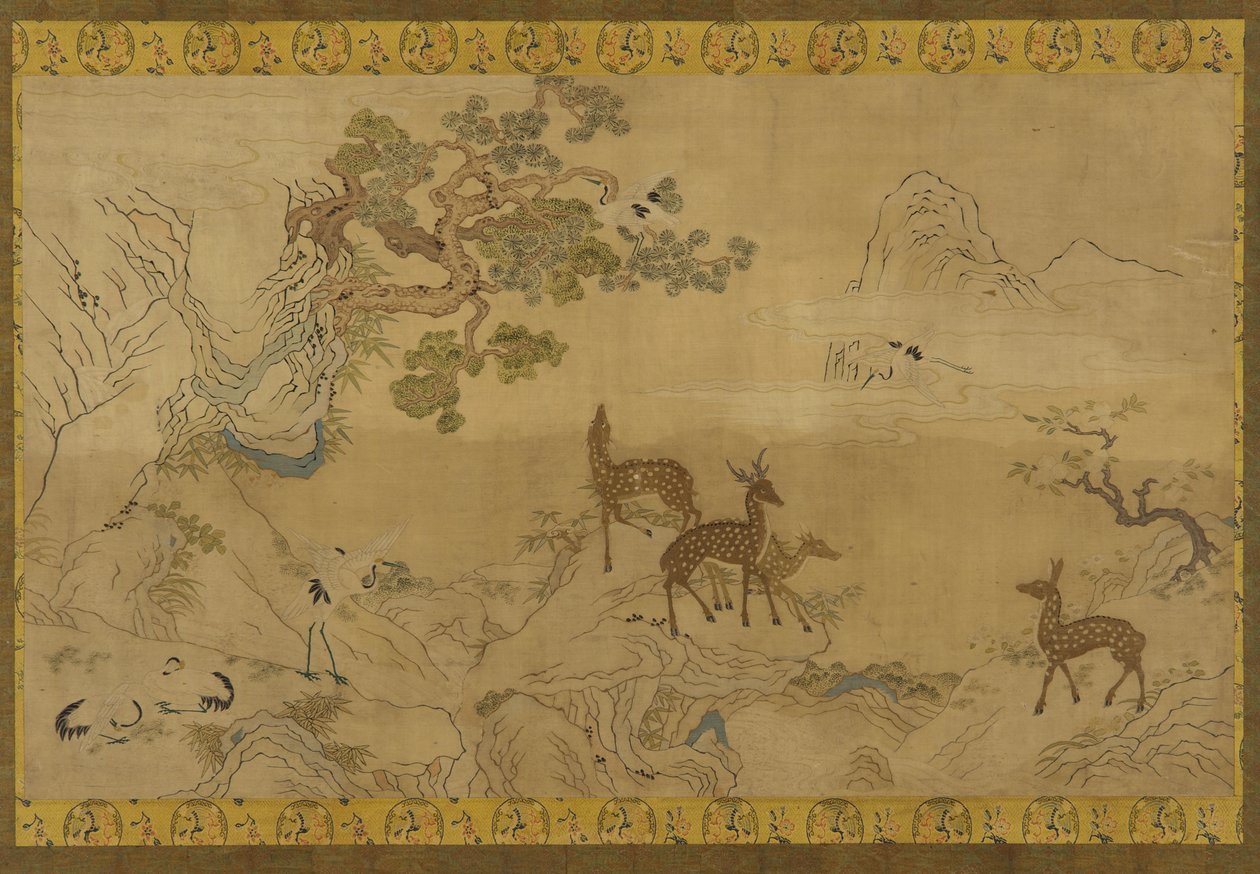 挂毯：有鹿、鹳、松树和桃树的风景画 作者 未知艺术家
