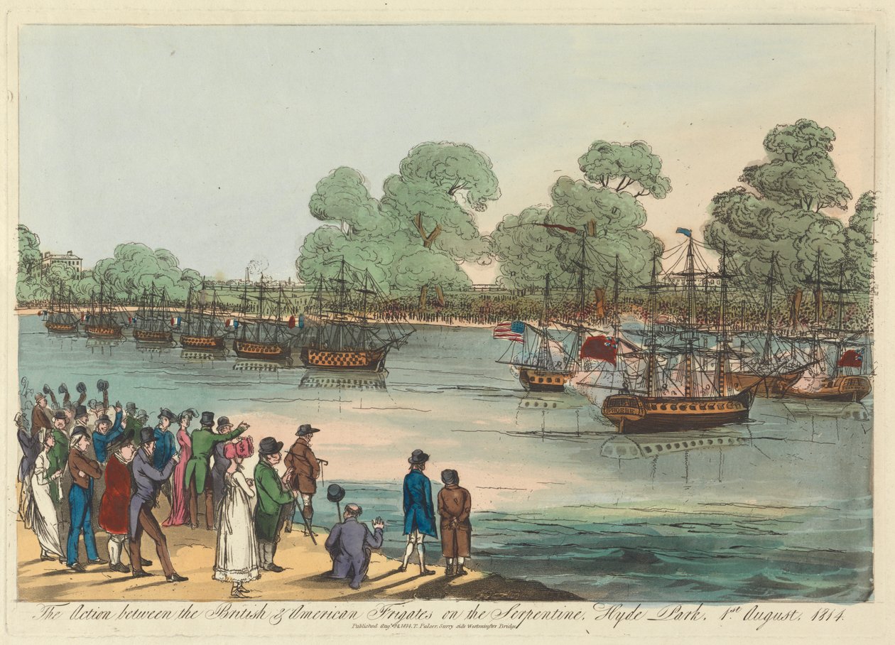 1814 年 8 月 1 日，英国和美国护卫舰在海德公园蛇形河上的行动 作者 未知艺术家