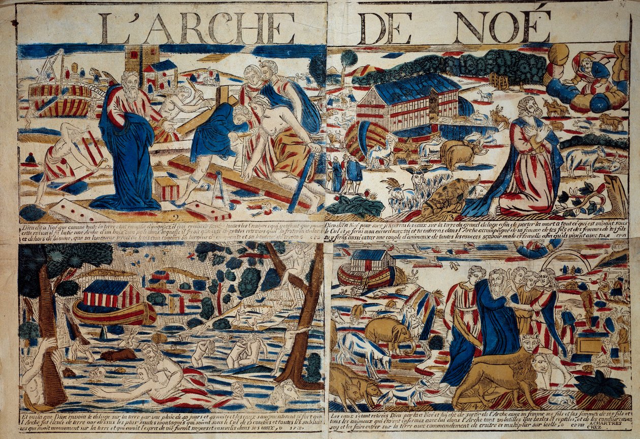 The Ark of Noe The construction of the ark, Noe receives the announcement of the Deluge, the Deluge, the animal species saved after the deluge”” Engraving of the 18th century Private Collection 作者 未知艺术家