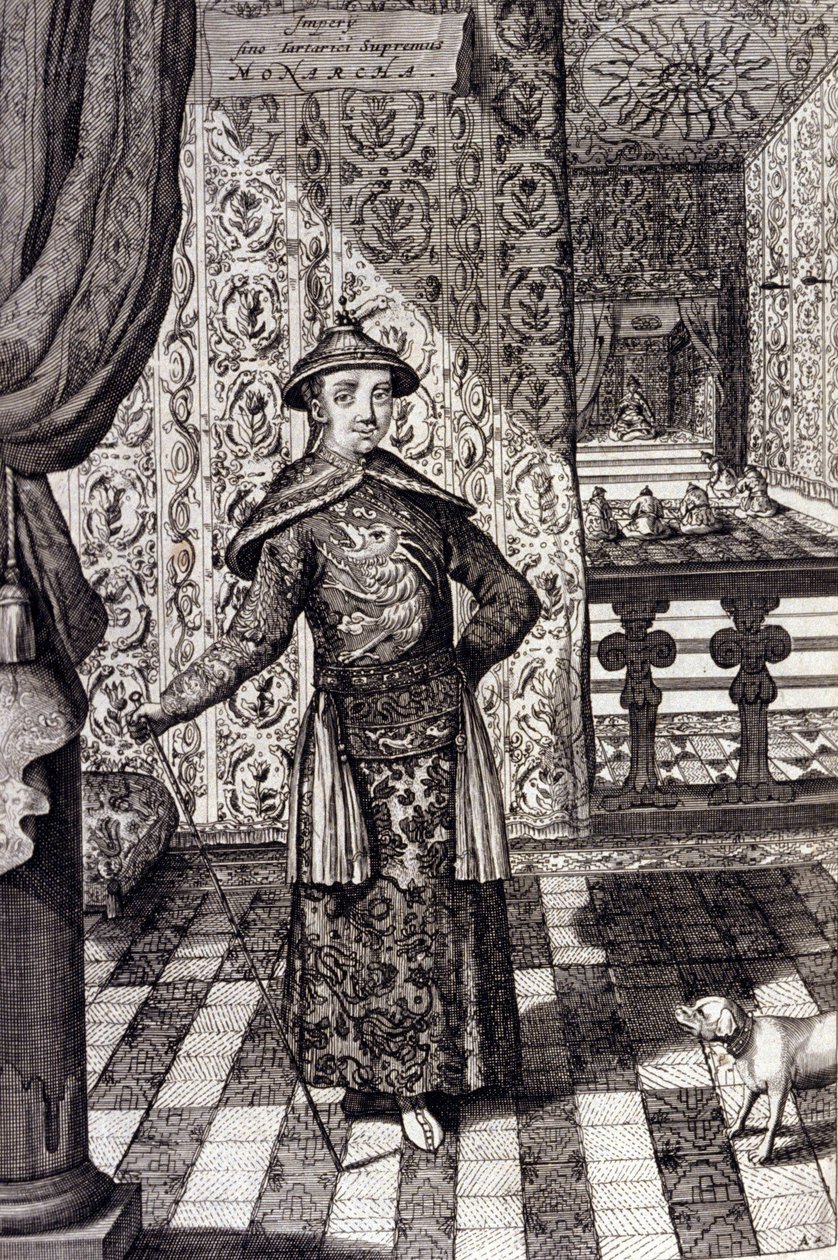 中国皇帝和鞑靼人的最高统治者--中国皇帝康熙（1652-1722）清朝，由阿塔纳修斯-基尔彻（1601-1680）雕刻，出自《中国纪念碑，qua sacris qua profanis》1667--中国皇帝康熙（1652-1722）清朝。 作者 未知艺术家