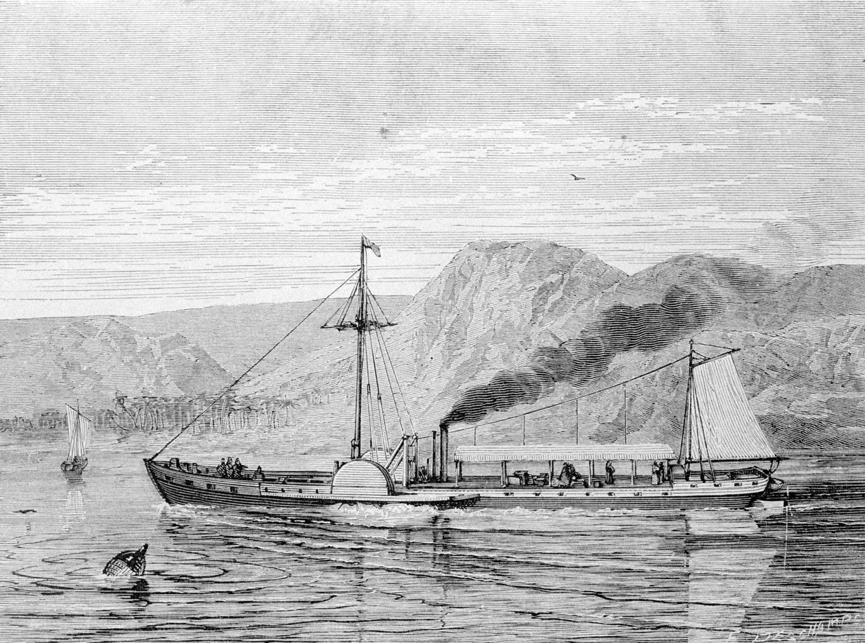 The Clermont, a boat built in 1807 by Robert Fulton (1765 - 1815) to provide the New York - Albany connection on the Hudson River. Engraving 19th century. 作者 未知艺术家