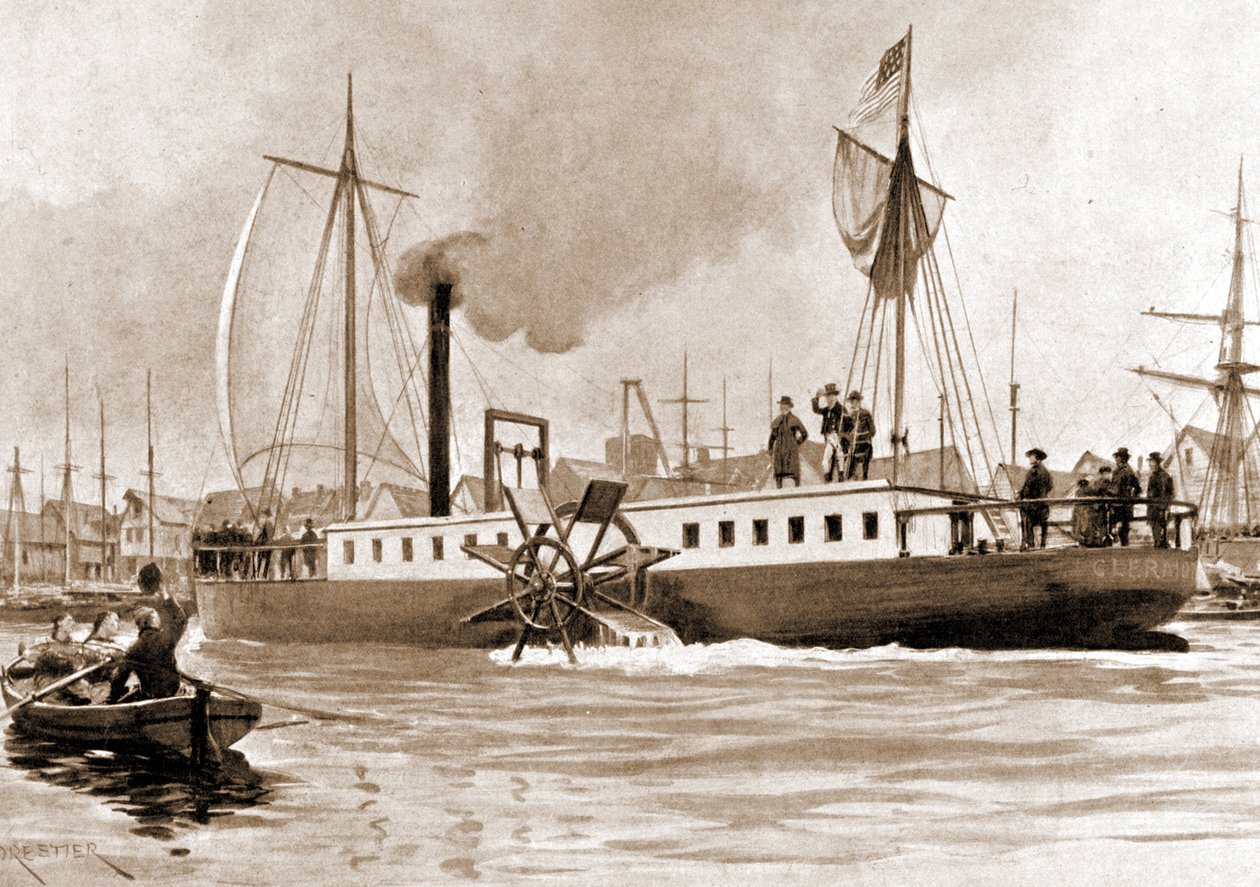 The Clermont, a boat built in 1807 by Robert Fulton (1765 - 1815) to provide the New York - Albany connection on the Hudson River. Engraving 19th century. 作者 未知艺术家