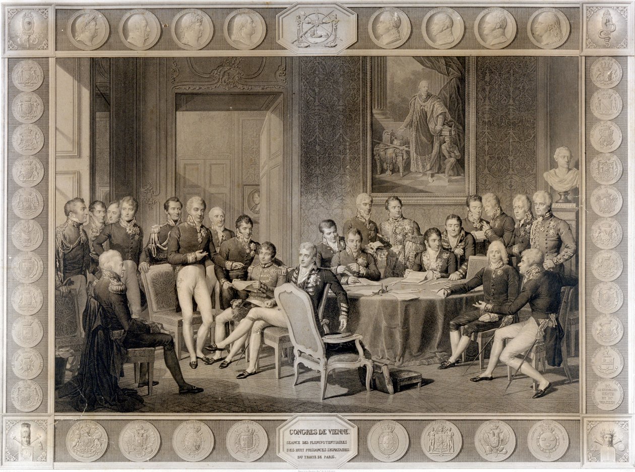 The Congress of Vienna. The Vienna Congress in 1815. Alexander I, Czar; H.R.Stewart, Castlereagh; Francois I, Emperor of Austria; Frederic William III, King of Prussia; Karl August, Prince of Hardenbergh; Wilhelm von Humboldt (William of Humboldt 作者 未知艺术家