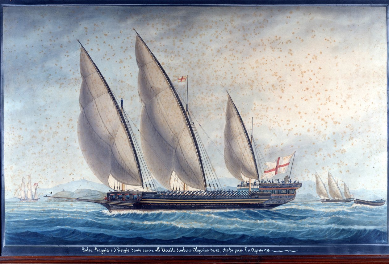 热那亚的Raggia和San Giorgio号帆船追击阿尔及利亚的Chebec Uccello号。1788年8月11日。绘画 作者 未知艺术家