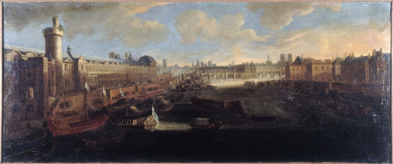约 1665 年，卢浮宫大画廊，以及新门、新桥、西堤、在建的四国学院和马拉凯码头，塞纳河上的皇家帆船，今第一区和第六区，1660 年至 1665 年间 作者 未知艺术家