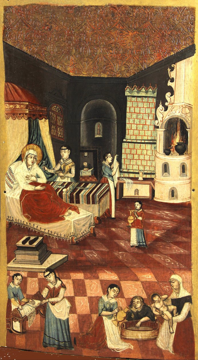 圣母诞生 - 匿名 - 嗯 1700 - 面板上的蛋彩画 - 113,6x65,4 - Ivan Honchar Museum Kiev 作者 未知艺术家