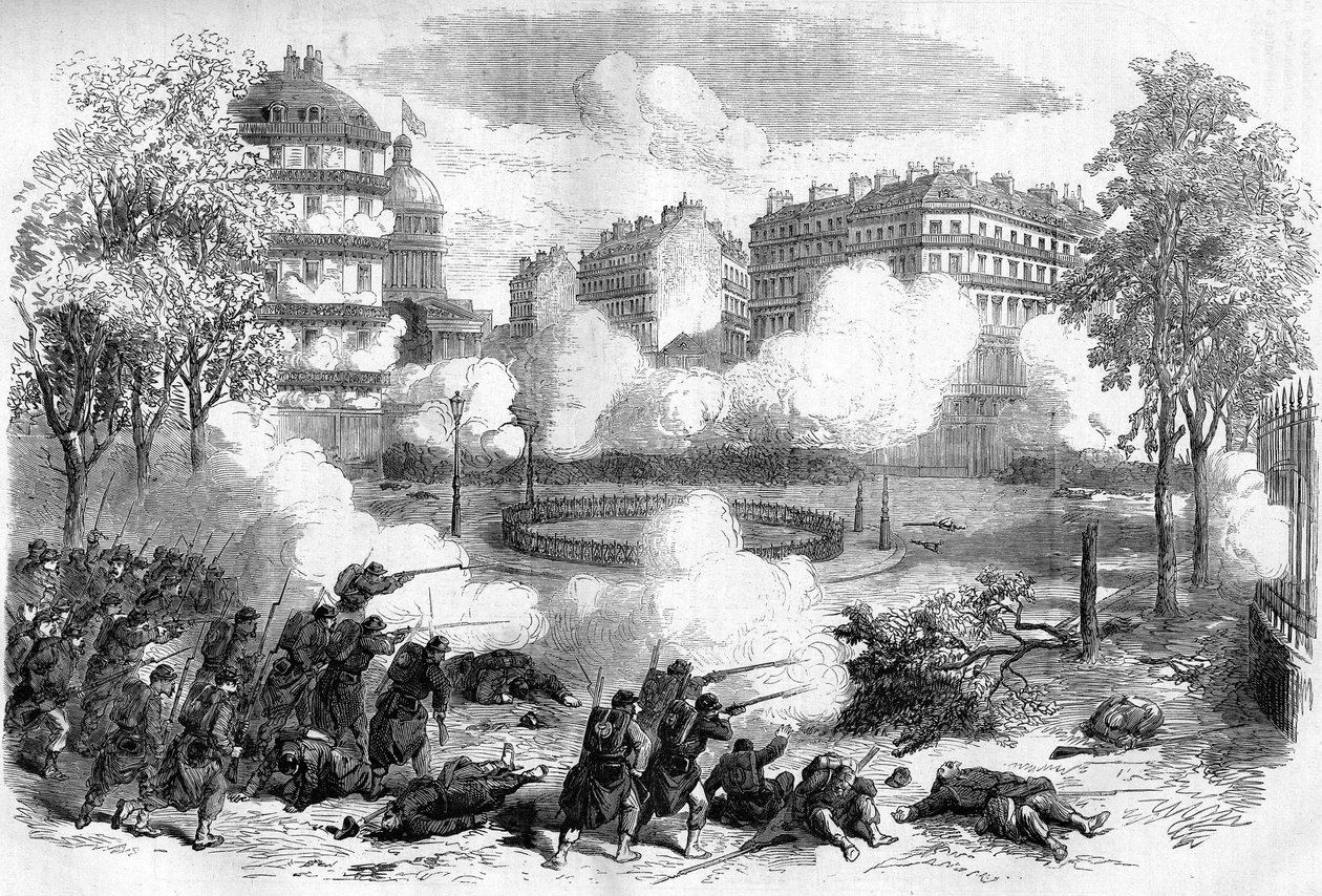 1871 年的巴黎公社。 1871 年 5 月 24 日，在血腥一周（1871 年 5 月 22 日至 28 日）开始时，德西西将军的军队袭击了万神殿前的联邦（公社）路障。 作者 未知艺术家