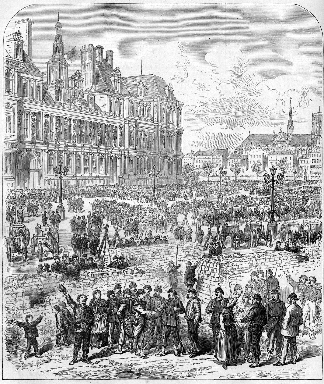 The Paris Commune in 1871. Barricades and artillery park of the Federes (Communards), Place de l
