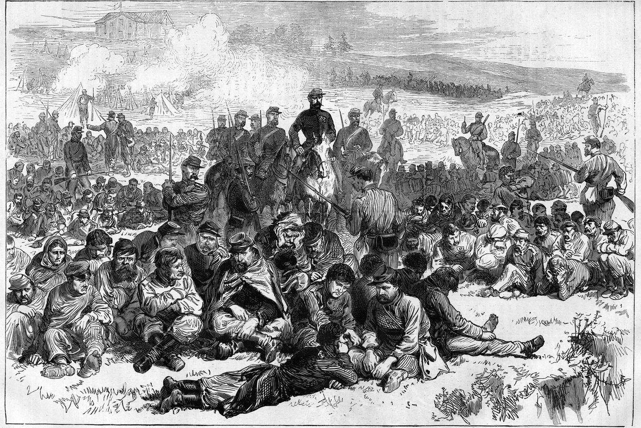 1871 年的巴黎公社。贝尔维尔的公社成员在肖蒙山丘公园被一个维和人员分遣队俘虏和看守。 作者 未知艺术家