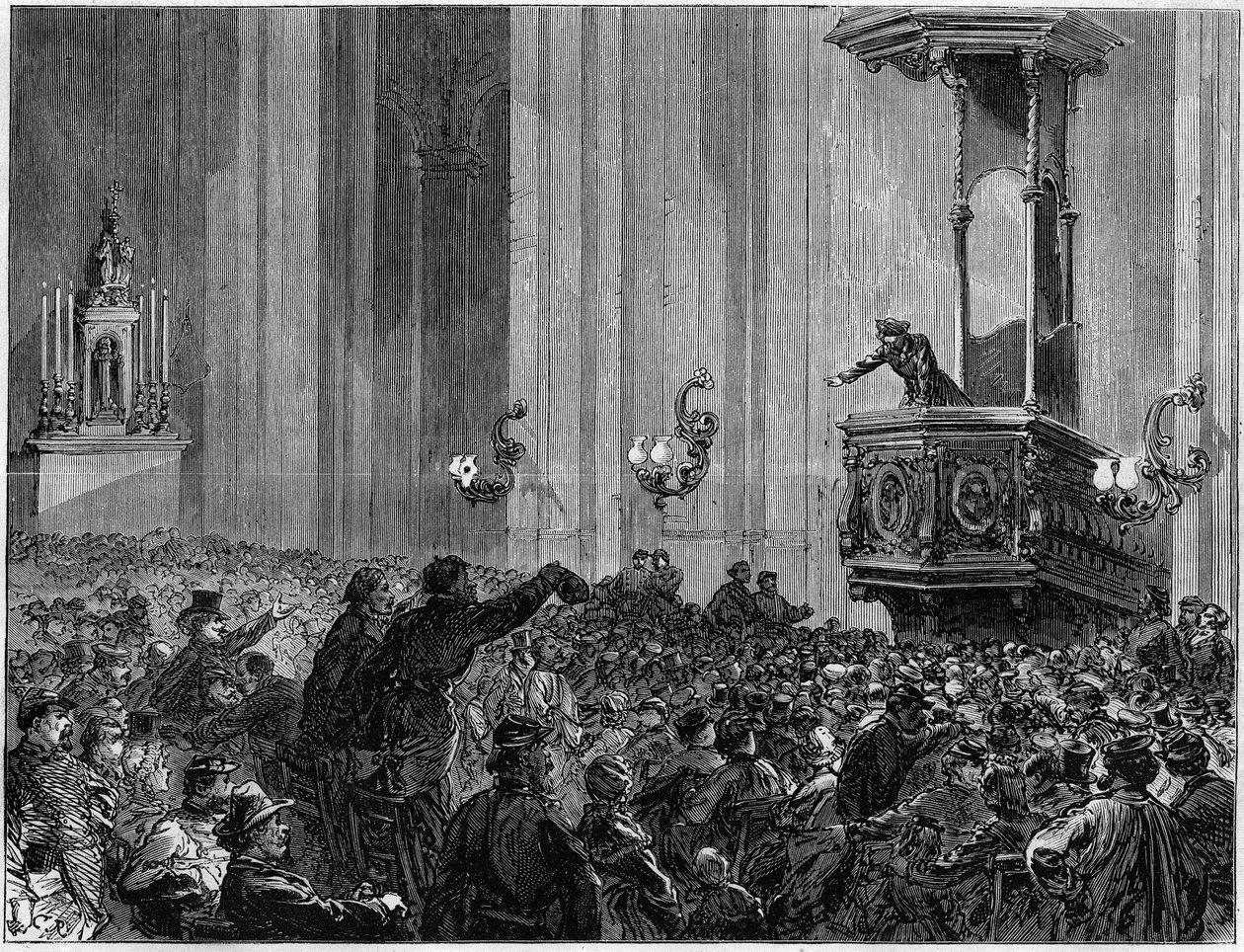 1871 年的巴黎公社。圣尤斯特歇斯教堂俱乐部。 晚上，联邦众议员要求教会举行会议和辩论。 这些俱乐部有教育、信息和表达的三个目的。 作者 未知艺术家