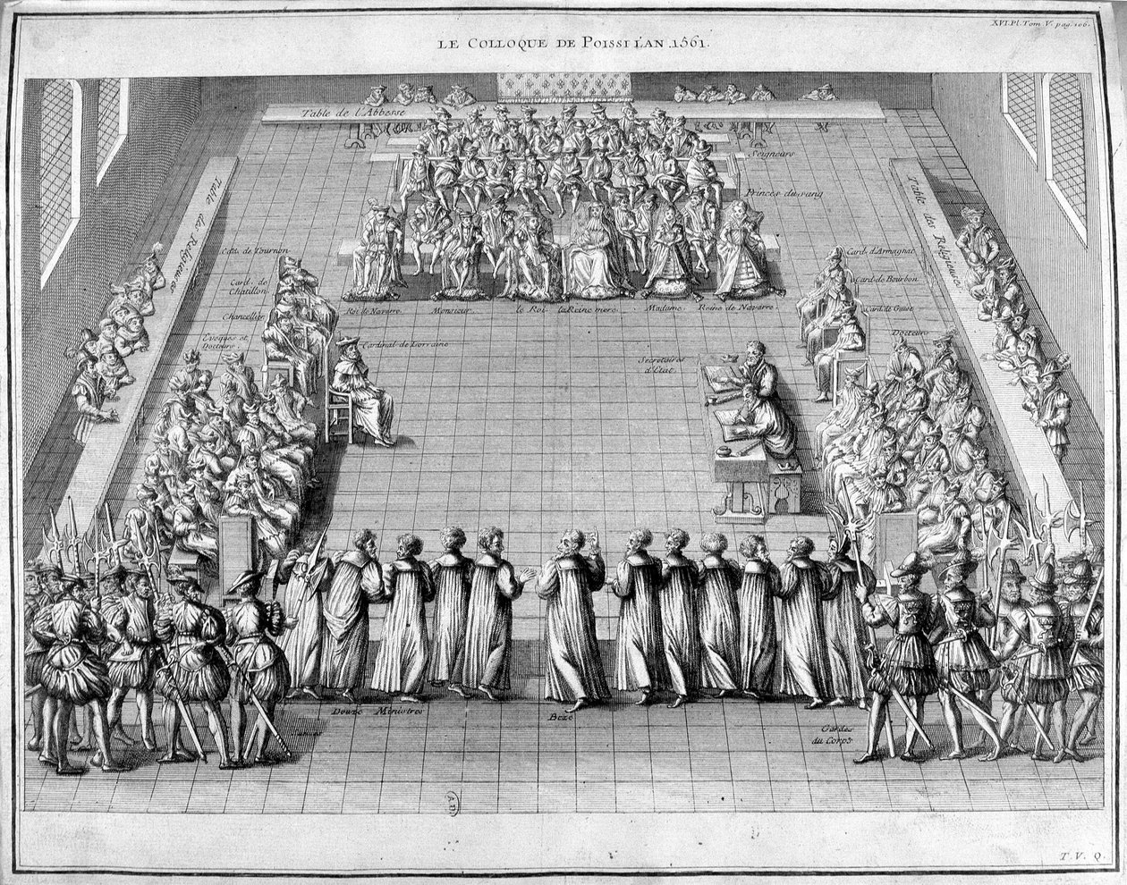 1561 年的波瓦西座谈会 (Poissy)。在中心的是法国国王查理九世 (1550-1574) 和太后凯瑟琳·德·美第奇 (Caterina de Medicis) (1519-1589)。 作者 未知艺术家