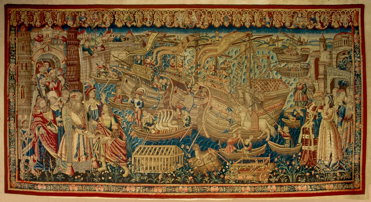 葡萄牙航海家瓦斯科·德伽马（1459-1524）于 1498 年抵达印度的卡利卡特（Kozhikode）。挂毯。 里斯本 作者 未知艺术家