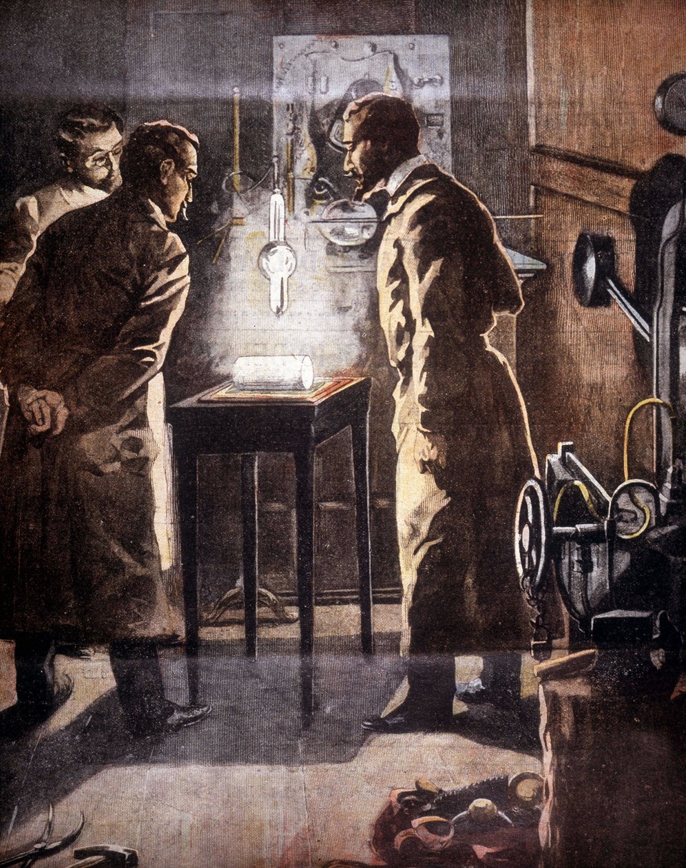 伦琴 (Rontgen) 或 X 射线。 1895 年发现。代表实验的插图。 作者 未知艺术家