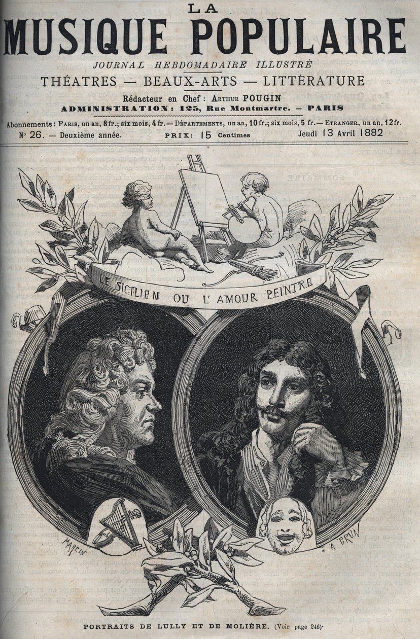 西西里人或爱情画家--让-巴蒂斯特-卢利(Giovanni Battista Lulli)(1632-1687)和莫里哀的肖像--《流行音乐》插图周报中的雕刻--1882年 作者 未知艺术家