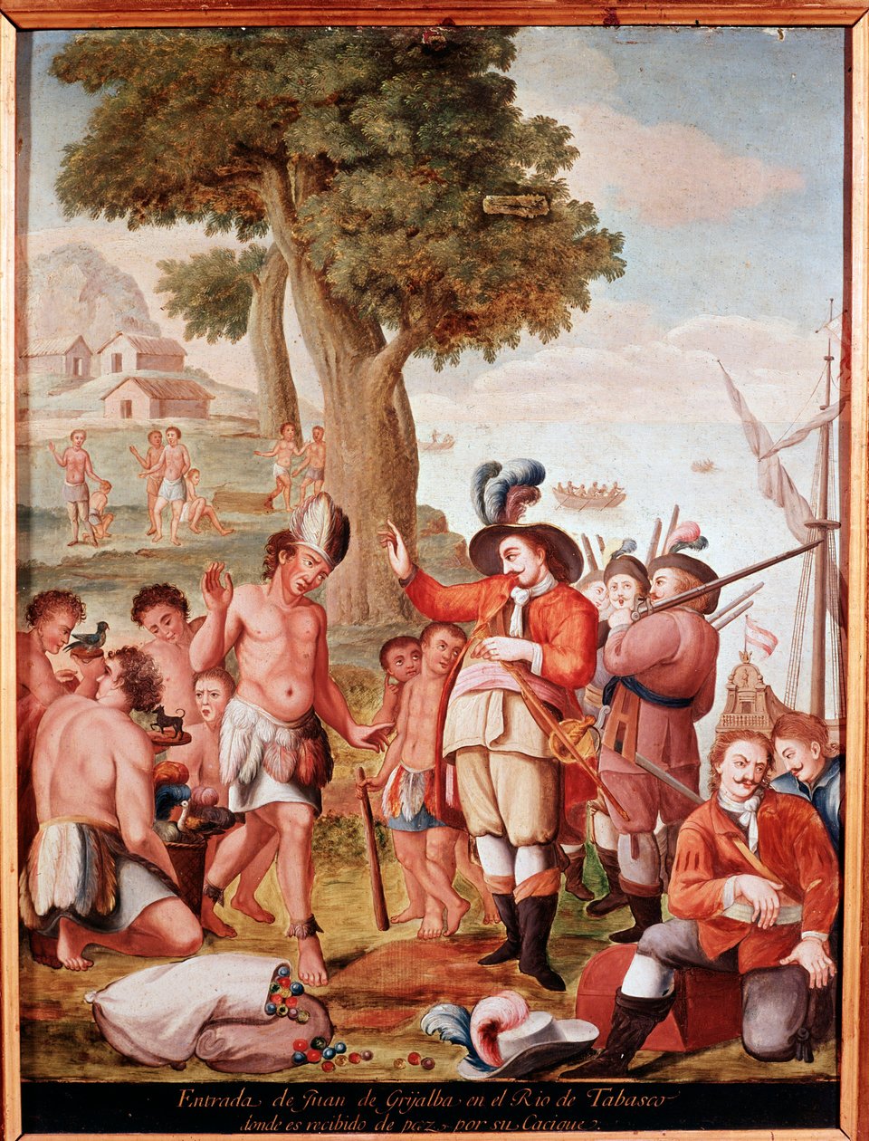 1518 年，西班牙征服者胡安·德·格里哈尔瓦 (Juan de Grijalva)（1489-1527 年）在墨西哥塔巴斯科州下船。 18 世纪的匿名绘画。 马德里，美国博物馆 作者 未知艺术家