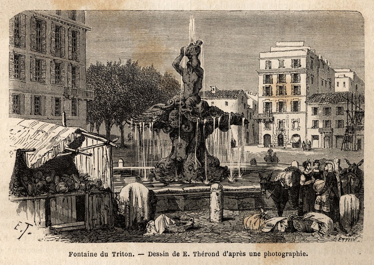 The Triton Fountain, in Rome, created in 1643 by Gian Lorenzo (Gianlorenzo) Bernini known as Le Bernini (1598-1680), on the Barberini Square. Engraving to illustrate the voyage to Rome, by Francis Wey, in 1864-1868, published in “Le tour du monde, nouveau  作者 未知艺术家
