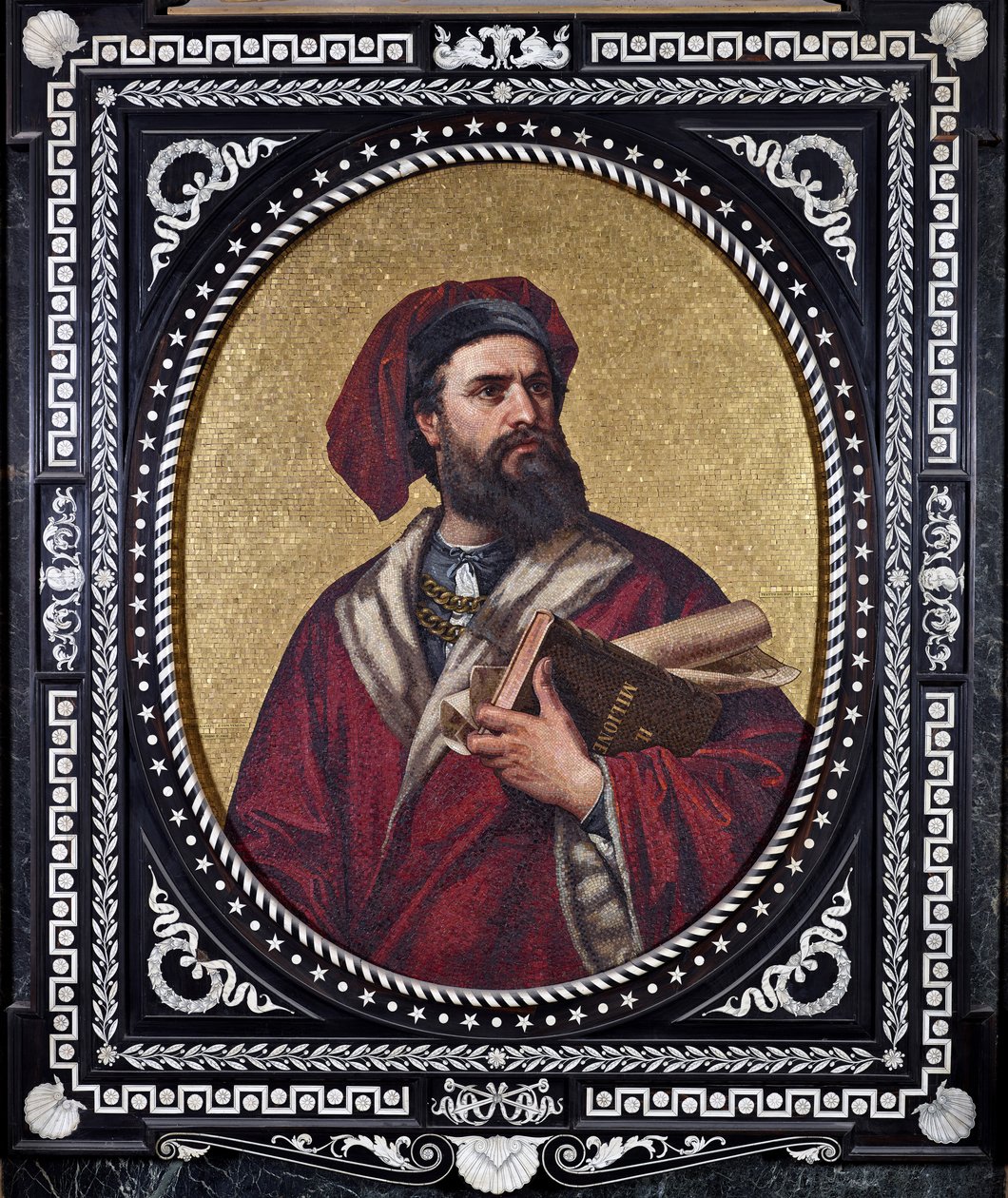 The Venetian explorer Marco Polo holding under his arm the work “The Book of Wonders