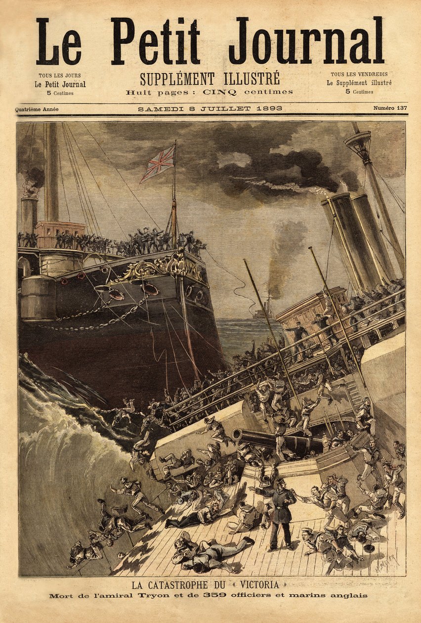 The Victoria battleship sinks off the Syrian coast, spurred by the ship Camperdown. Engraving in “” Le petit journal”” 8/07/1893. Selva