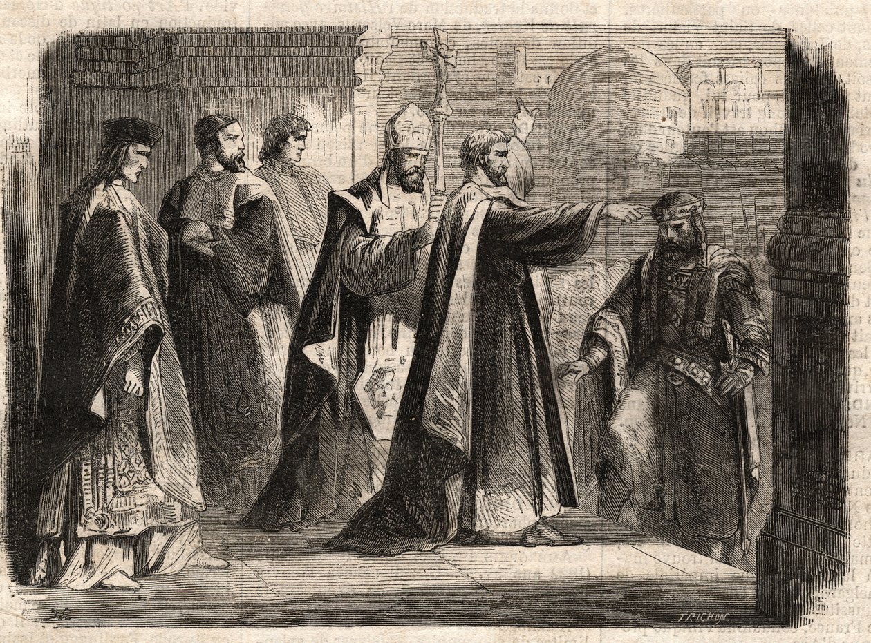米兰大主教圣安布罗斯（Aurelius Ambrosius，Ambrogio di Milano，340-397）禁止罗马皇帝狄奥多西一世（Flavius Theodosius）（347-395）进入教堂，以惩罚他在390年对塞萨洛尼卡的屠杀 - Excommunicati 作者 未知艺术家