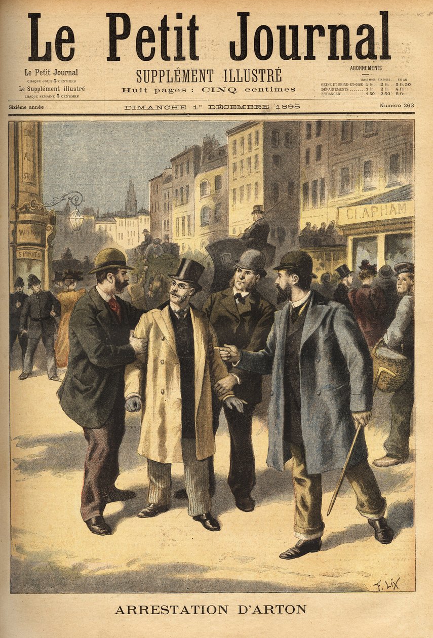 埃米尔·阿顿（Emile Arton，1859-1905）被捕，他是巴拿马丑闻案中的一名腐败经纪人，该案已在逃多年。 雕刻在“”Le petit journal””1/12/1895。 塞尔瓦的收藏。 作者 未知艺术家