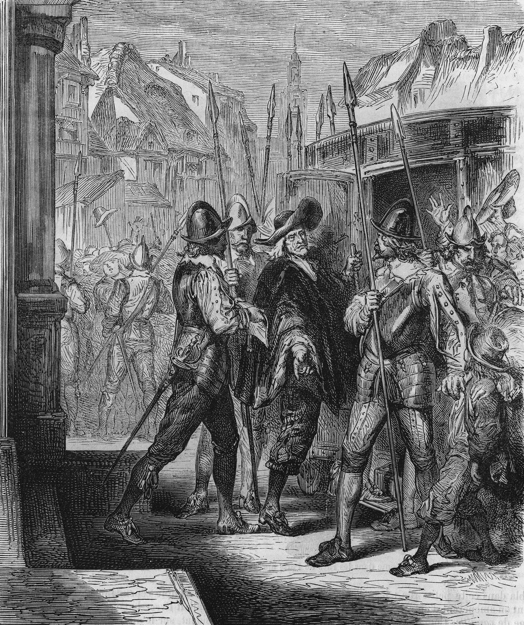 1648年，在奥地利的安妮的命令下，皮埃尔-布鲁塞尔（1575 - 1654）被逮捕，这引起了人民的救济（街垒的日子）和弗龙德。1866年的版画。 作者 未知艺术家