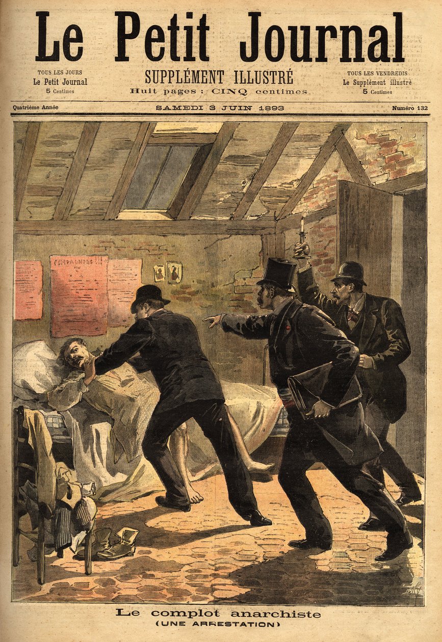 The arrest of an anarchist in Paris and the element of a conspiracy and dynamite caches. Engraving in “” Le petit journal”” 3/06/1893. Selva