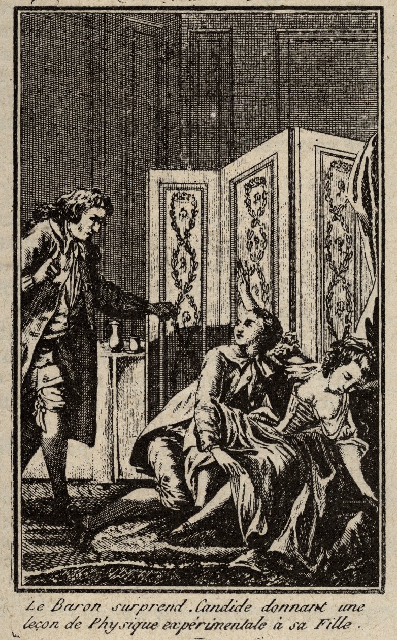 男爵给女儿Frontispice上了一堂实验物理课，这让Candide很吃惊，因为Francois Marie Arouet dit Voltaire的《Candide》。 作者 未知艺术家