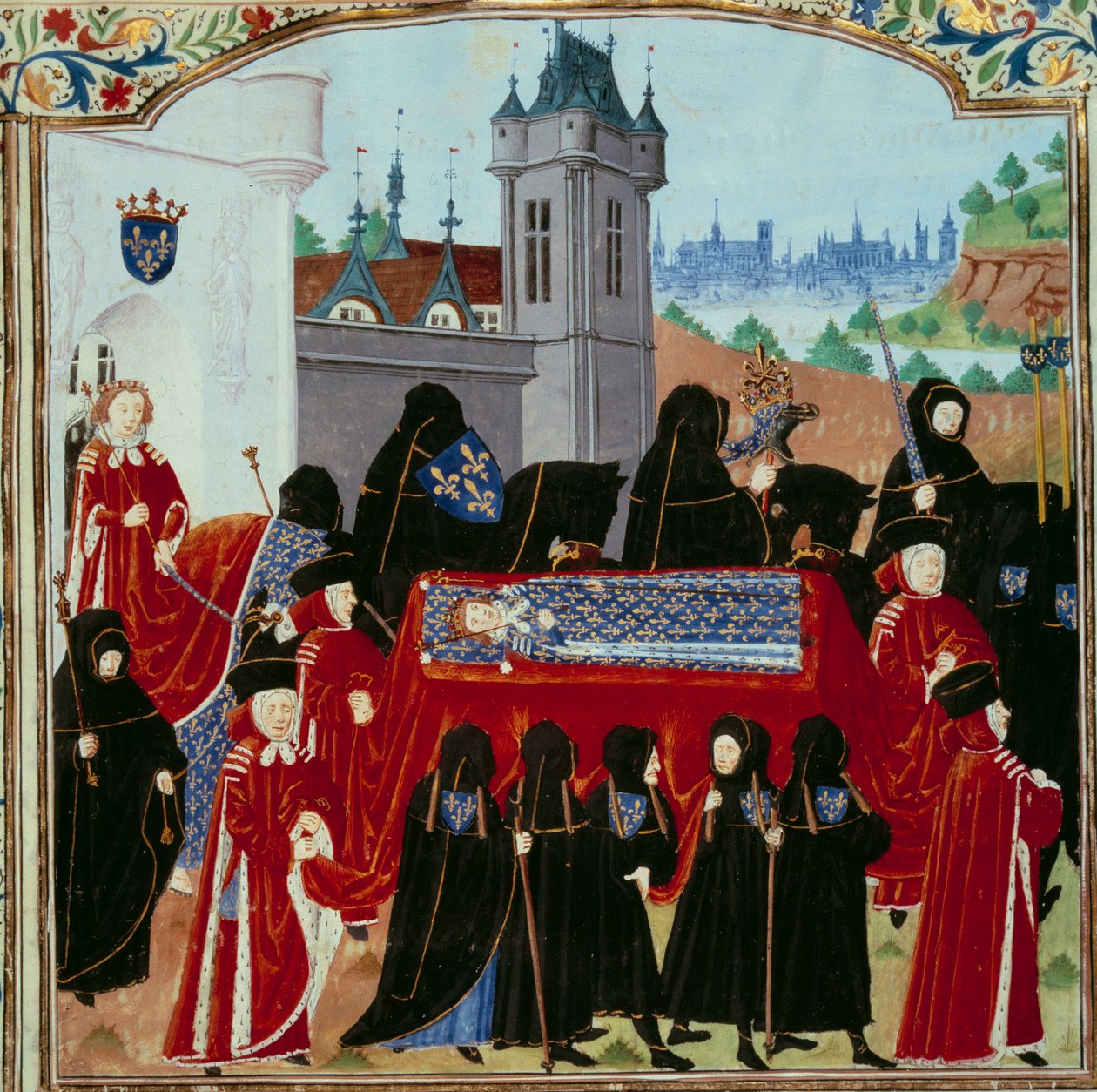 The body of the late King Charles VI (1368-1422) is carried away, behind the procession the new King Charles VII (1403-1461) the 22/10/1422 Miniature from the manuscript “” Chronicles of Charles VII”” (Ms. fr. 2691) by Jean Chartier 作者 未知艺术家