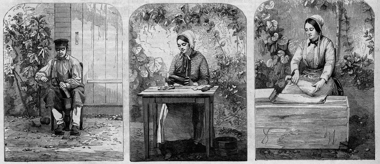香槟酒的装瓶。1864年的雕版画。 作者 未知艺术家