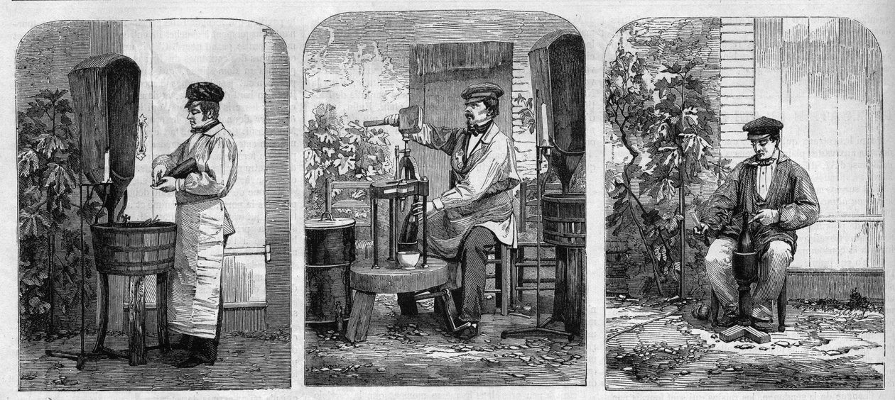 香槟酒的装瓶。1864年的雕版画。 作者 未知艺术家