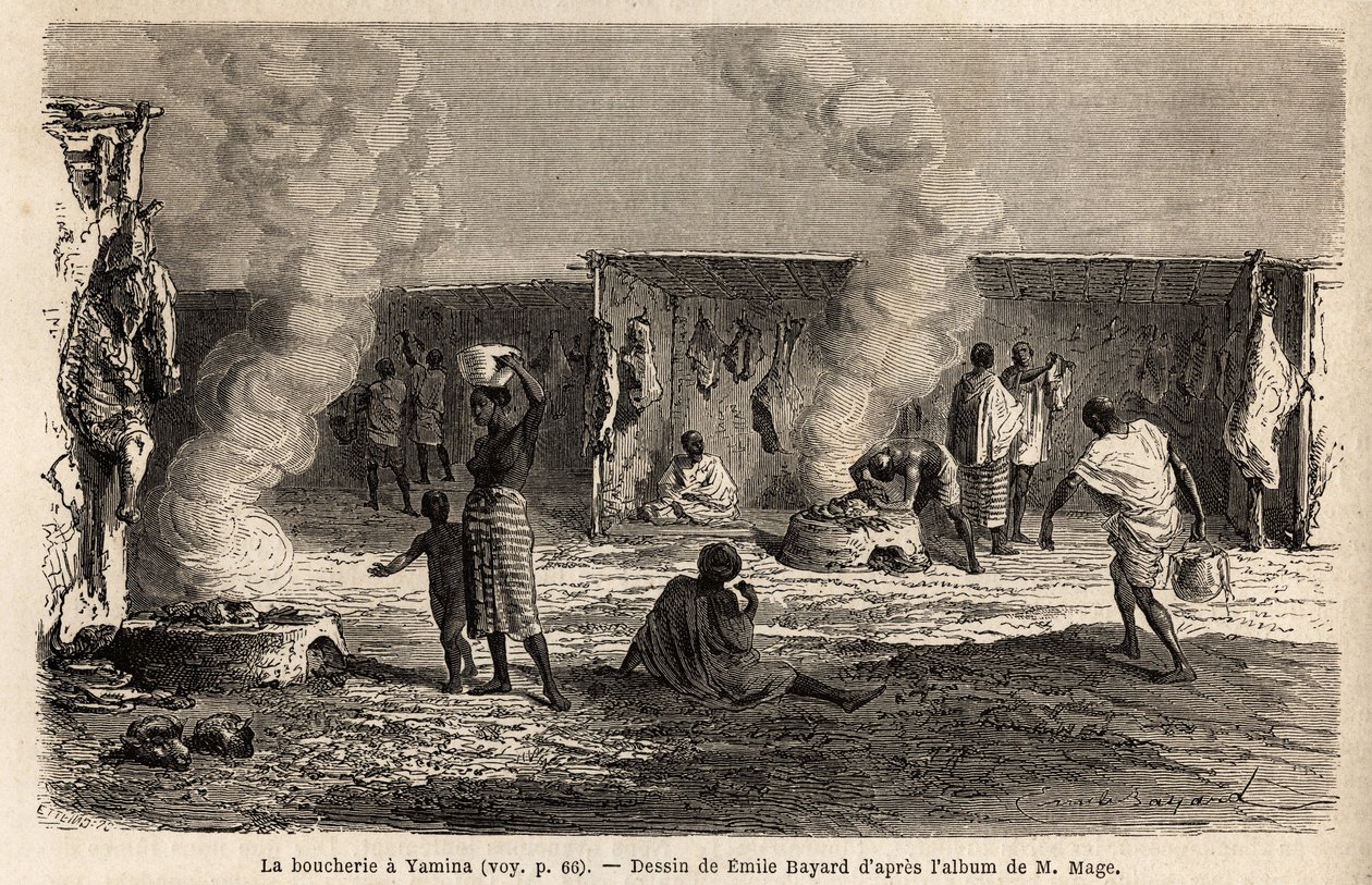 The butchers at the Yamina Market (Niger), with stakes equipped with hooks to hang meat, as well as ovens in which meat can be cooked directly, which is slaughtered according to Muslim rites. Engraving to illustrate the voyage to Western Sudan of Lieutenan 作者 未知艺术家