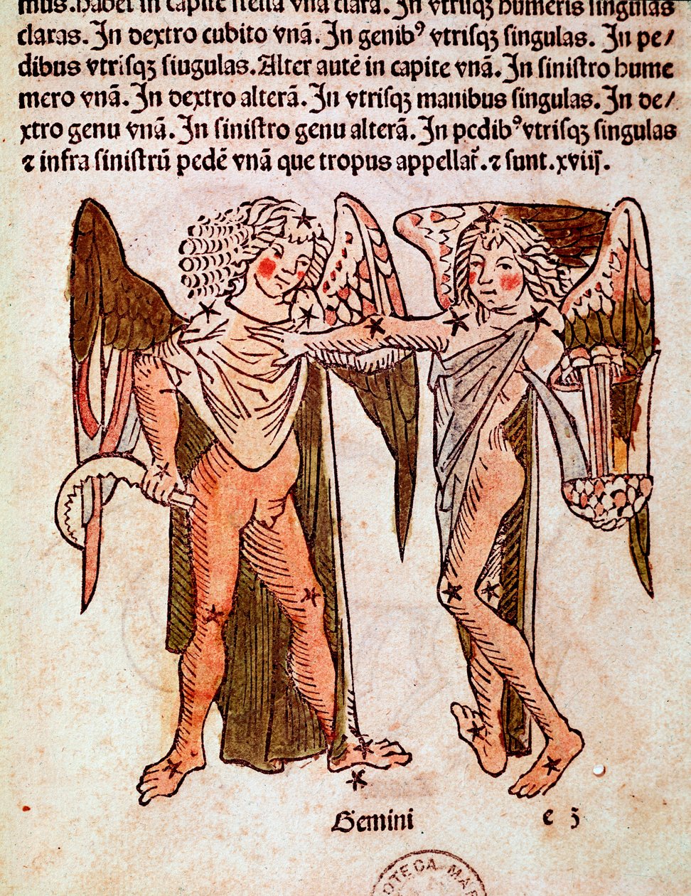 The constellation of Gemeaux Detail derives from “” Poeticon astronomicon”” attributed to the Roman historian Hygin (Gaius Julius Hyginus) (1st century BC) (Gemini (twins) constellation, from “” Poeticon astronomicon”” attributed to Hyginus (1st century BC 作者 未知艺术家