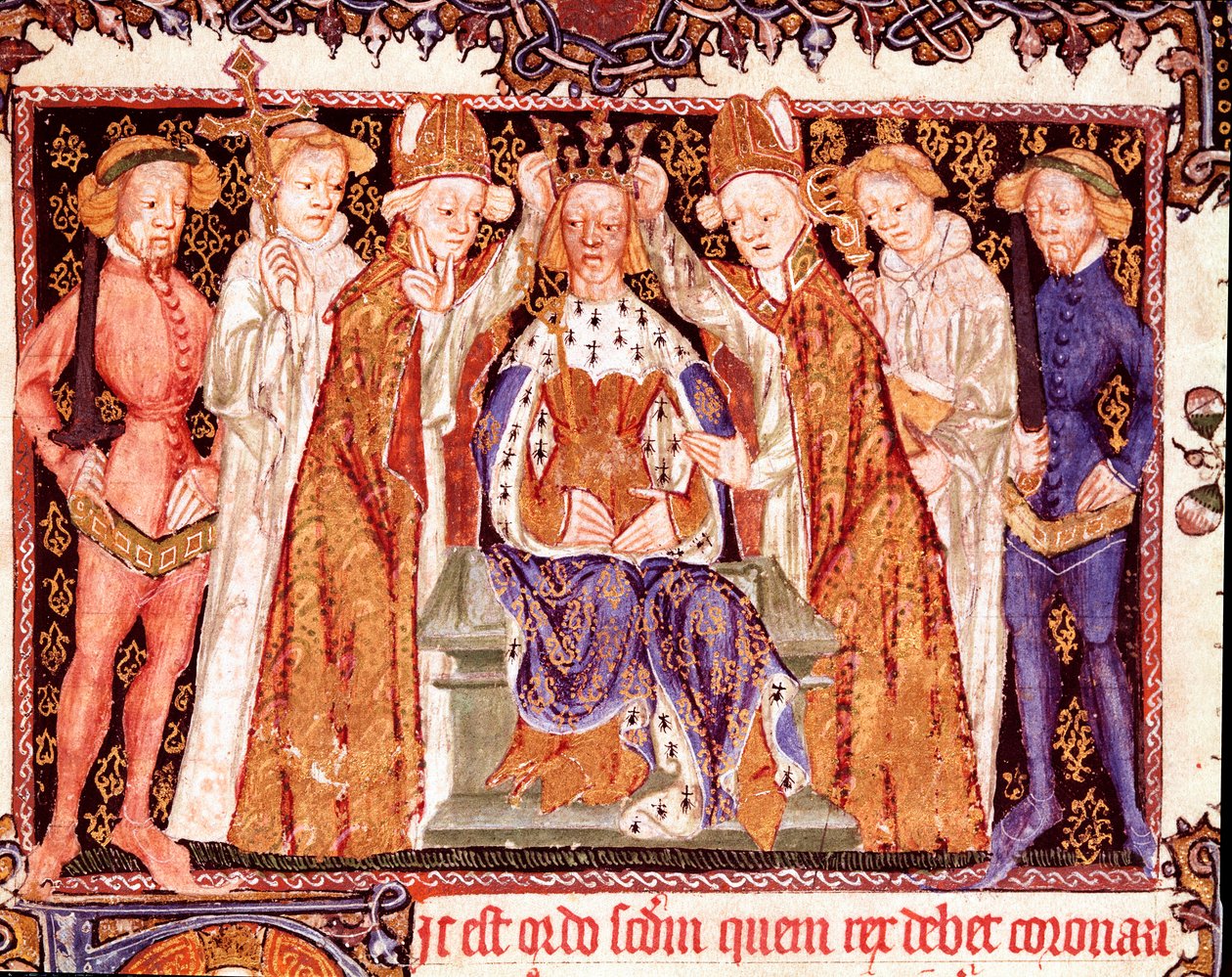 国王的加冕礼 可能是英格兰国王理查二世 (1367-1400)。 加冕仪式手稿“Liber regalis”的缩影，14 世纪潘普洛纳，纳瓦拉档案馆 作者 未知艺术家