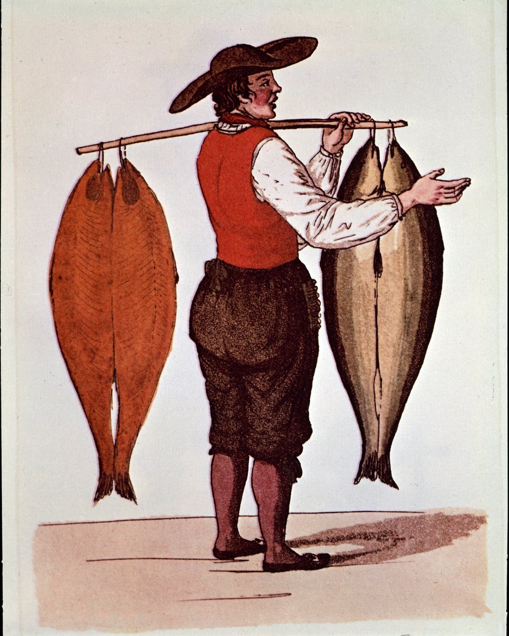 The cries of Paris: a walking salmon merchant smokes Elbe. Anonymous 19th century print. Private Collection 作者 未知艺术家