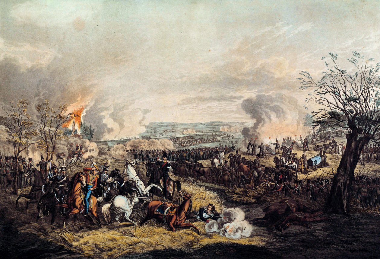 The death of Duke Frederic Guillaume of Brunswick (1771-1815) at the Battle of Quatre Bras on 16/06/1815 between the French troops of Marechal Michel Ney (1769-1815) and the British of the Duke of Wellington. Print from 1815. Paris, Musee de l