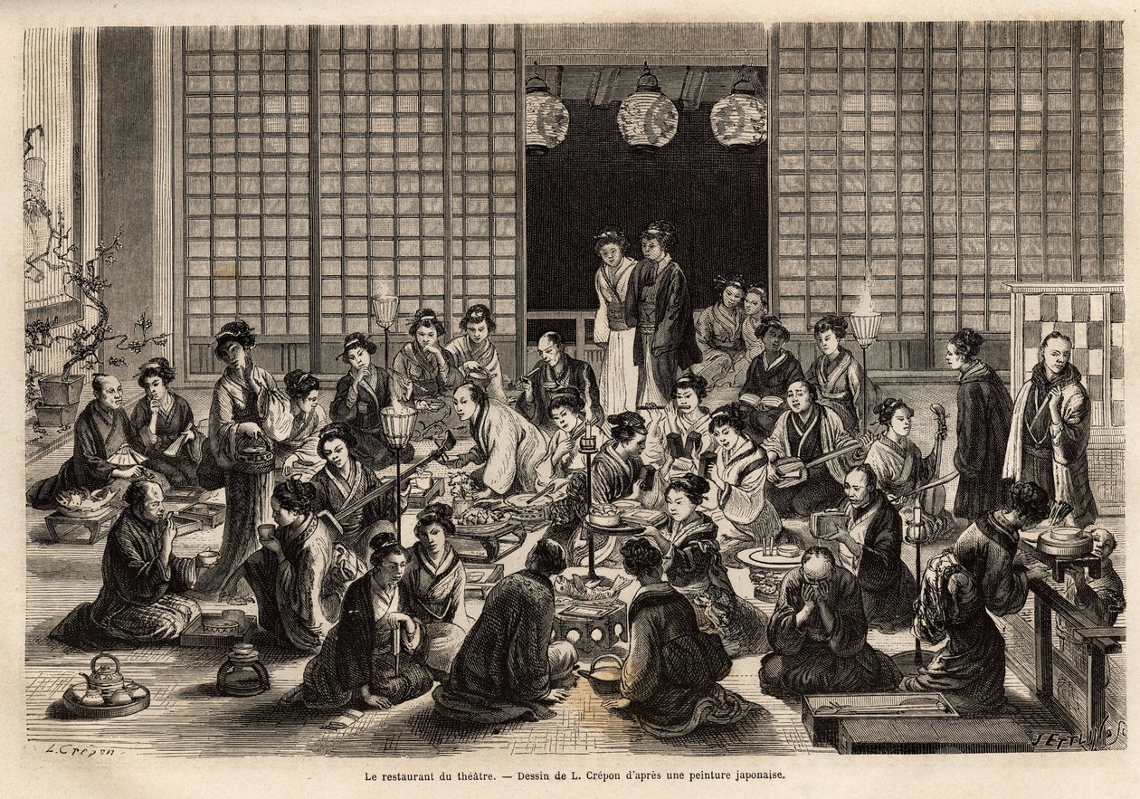 The dining room of the Yokohama Theatre is permanently filled, even during the performance. Engraving to illustrate the journey to Japan, by Aime Humbert, minister of the Swiss Confederation, in 1863-1864, published in “” le tour du monde””, under the dire 作者 未知艺术家