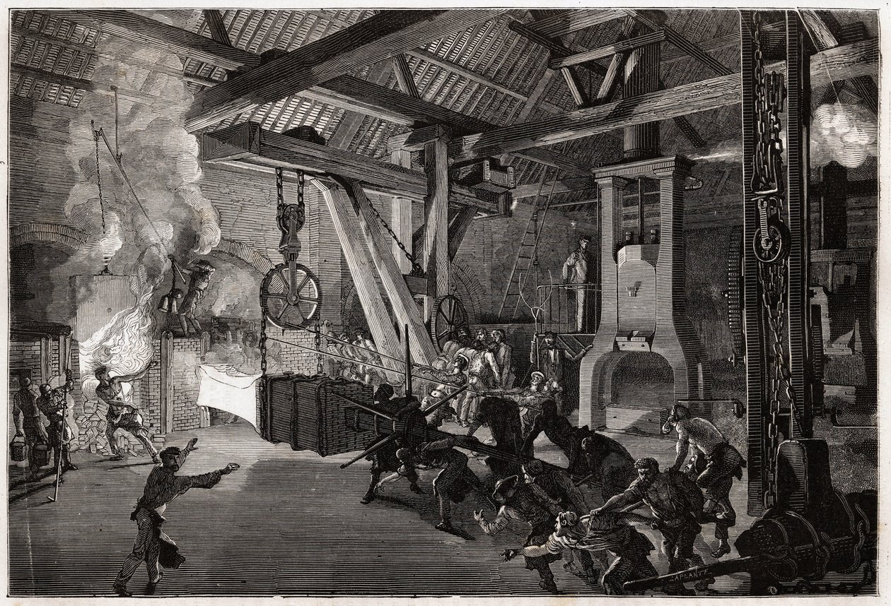 The drummer hammer (drummer) has the forge of big works; the huge piece to forge comes out of the oven dazzling men maneuver to bring it under the drumstick. Engraving to illustrate a voyage to the Creusot and the mines of Saone and Loire, in 1865, by L. S 作者 未知艺术家