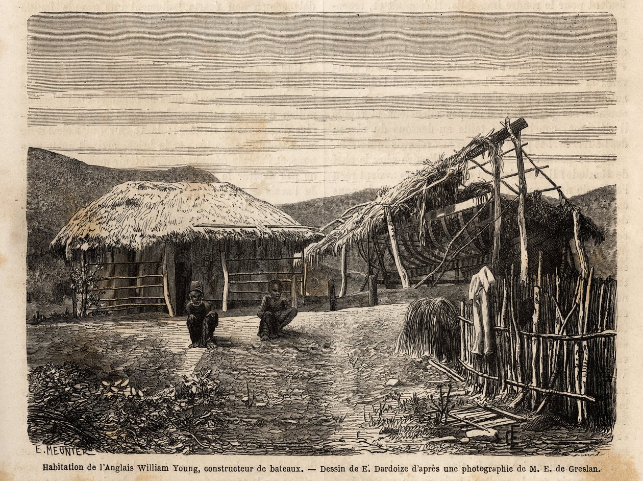 The dwelling and shipyard of an English builder near Noumea, who uses indigenous labour or condemns them until the end of their time of hard work. Engravure pour illustrrer le voyage à la Nouvelle Caledonie, by Jules Garnier, civil engineer of mines, in 18 作者 未知艺术家